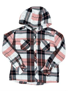Roxy Hooded Plaid Snap-Up Flannel Shirt - Pink & Black Size Small